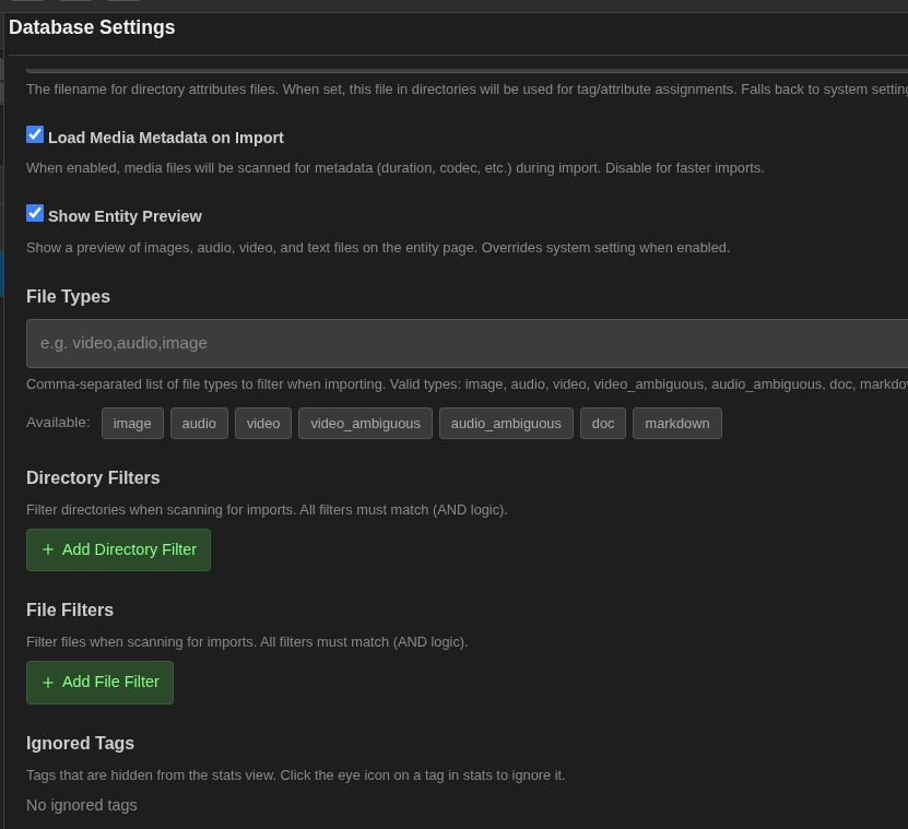 Database settings with filters