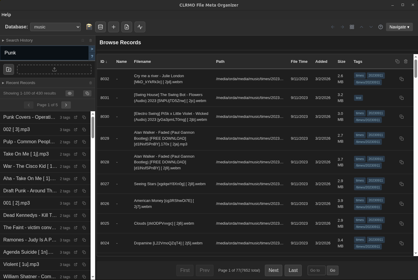 CLRMO browse records view showing music files with tags and metadata